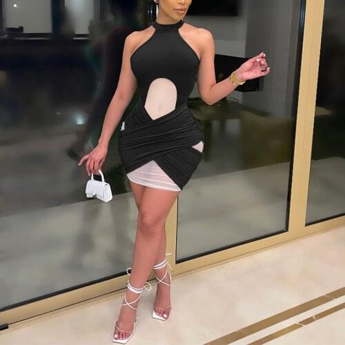 Women Dress Sleeveless Mesh Insert Stitching Round Neck Gauze High Street Tight Solid Color Bodycon Party Club Dress