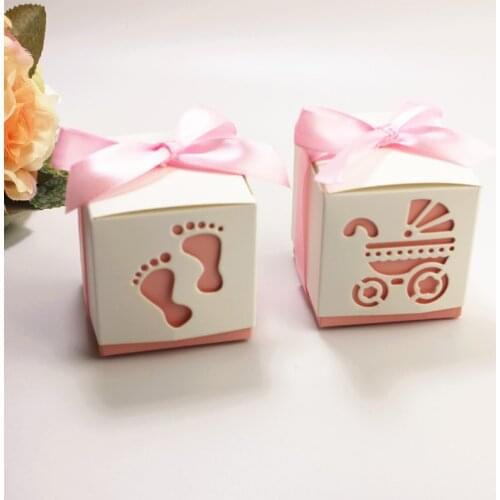10pcs Feet Shape Laser Cut Hollow Carriage Favors Gift Dragee Baptism Candy Boxes with Ribbon Baby Shower Wedding Party Supplies