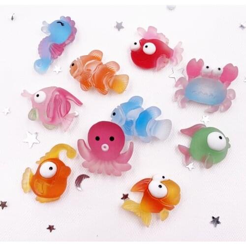 10pcs Colorful Resin Fish Crab Seahorse Squid Styles Ocean Animal Flatback Cabochon Scrapbook Craft DIY Accessory Decor Figurine