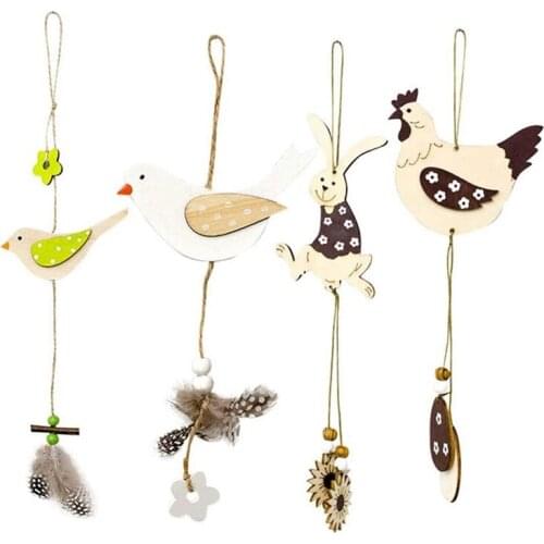 4 Pcs Ornaments Wooden Pendant Hanging Decoration, Happy Easter Day Rabbit Bird Rooster Eggs Flower Design Easter Decor