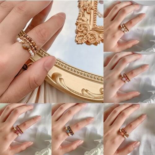 Bohemian Handmake Classic Natural Stone Ring for Women with Stainless Steel Bead Wild Korean Elastic Jewelry Ring Set