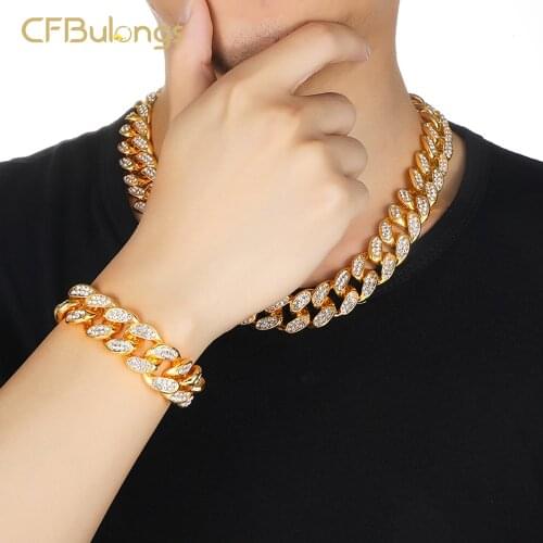 CFBulongs 12mm Full Ice Paved Rhinestone Miami Cuba Chain Necklace AAA Crystal Zircon Hip-Hop Jewelry For Men