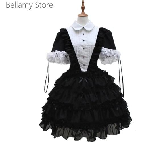 Gothic Lolita classic Black White Cotton Lapel Short Sleeves Lace Hem Sweet Dress