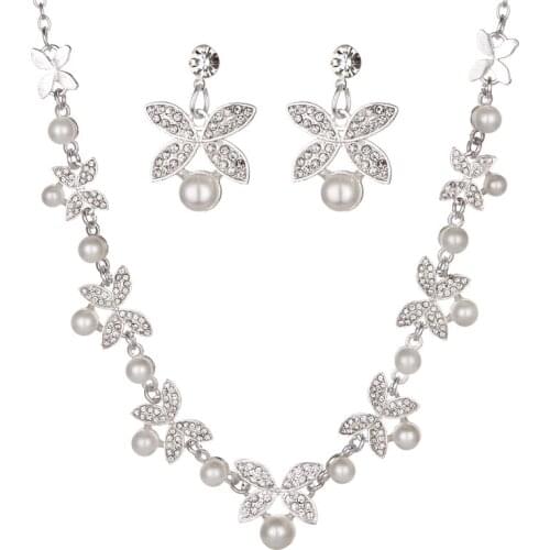 Simulated Pearl Bridal Wedding Jewelry Sets Silver Color Butterfly Flower Necklace Earrings Sets Wedding Engagement Jewelry