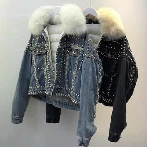 Real Fox Fur Fur 2020 New Hand Studded Rivet Denim Jacket Women Loose Short 90% White Duck Down Parkas Female Jeans Jacket Coat