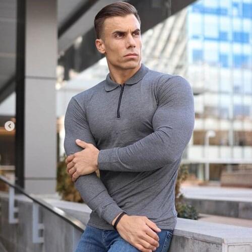 Mens Spring Long Sleeve Polo Shirt Slim Fit Polos Men Fashion Zipper Turn Collar Polos Cotton Fitness Sports Casual Golf Shirts