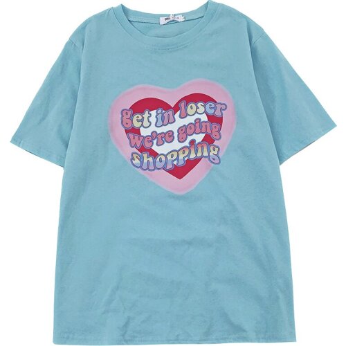 Lovely pink summer color rainbow love heart round neck loose slim short-sleeved T-shirt