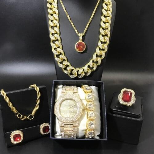 Luxury Men Gold Watch & Necklace & Braclete&Ring&Earrings Combo Set Ice Out Cuban Jewerly Crystal Miami Necklace Hip Hop For Men