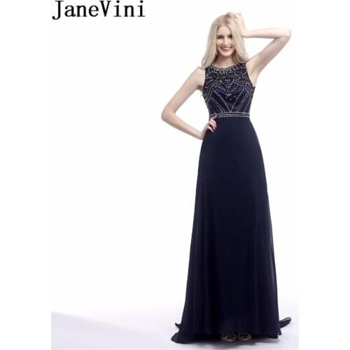 JaneVini 2018 Heavy Beaded Long Prom Dresses Luxury Crystal Chiffon Bridesmaid Dress Navy Blue Women Wedding Party Dress Sequin