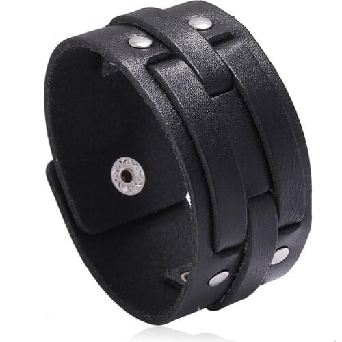 Wide Wrap Bangle Black Genuine Leather Material Punk Men Bracelet Jewelry Geometric Cuff Jewelry Pulsera Hombre