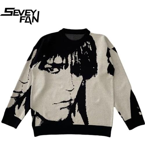 SEVEYFAN Mens Harajuku Character Jacquard Sweater Streetwear Loose O Neck Knitwear Autumn Pullover Sweaters for Couples