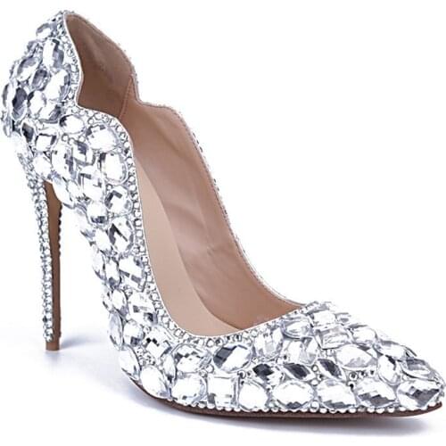 High-heeled Lady Shoe Crystal Shoes Big Diamond Pointed Toe Fashion Pumps Shoes For Brides Thin Heels Handmade Wedding Shoes