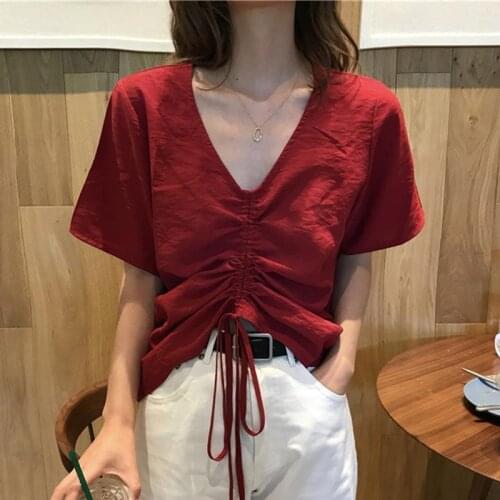 Women Blouse Drawstring V-neck Short Sleeve T-shirt Top Womens Clothing Summer Blusas Mujer De Moda