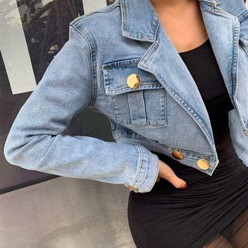 Women Jean coat Loose Jacket Vintage Turndown Collar Big Pocket Denim Jacket Overcoat Casual Female Biker Short Outerwear nzy175
