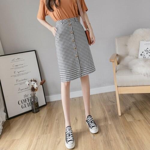 High Waist Chiffon Plaid Skirts Womens Midi Skirts For Spring Summer Black And White Plaid Skirt Student Single-breasted Skirts