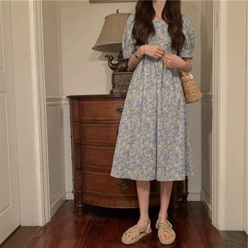 Womens Summer New Style Printed French Mid-length Floral Short-sleeved Dress Loose and Thin First Love Dress