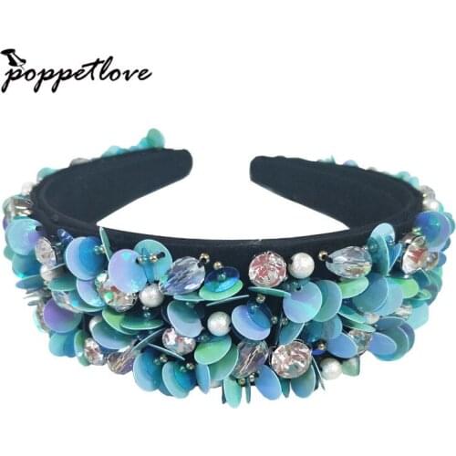 Fashion Handmade Crystal Wide Blue sequins Hairband Hair Band for Women 2018 New Lady Beaded Ribbon Headband Hair Accessories
