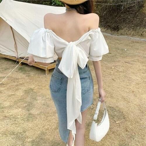 Korean Style Off Shoulder Blackless Tops Women Casual+ Vintage Sexy Denim Skirt 2 Piece Set French Elegant Sweet Suit Female Y2k