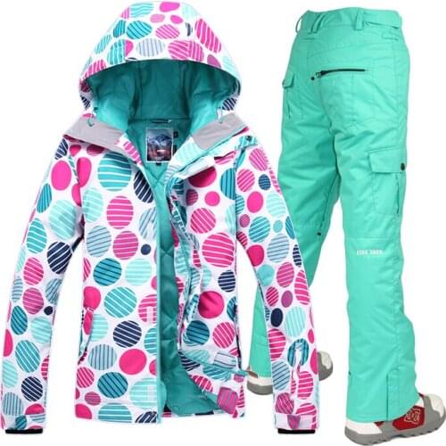 Womens Vogue Ski Suit Female Winter Outdoor Clothes Sportswear Skiwear White Jacket With Mint Green Pants Combo