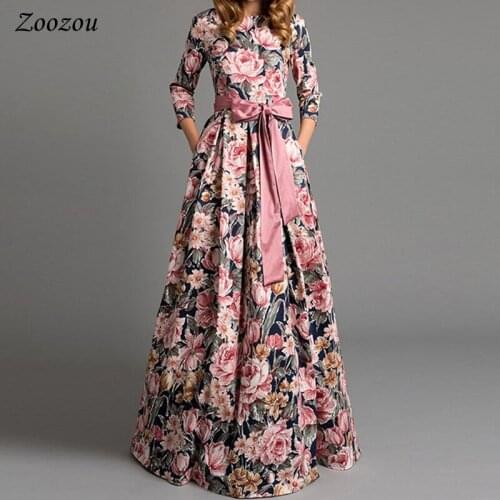 2020 Women Autumn Maxi Dress Bohemia Print O-neck Three Quarter Sleeve Empire Beach Female Fit And Flare Floor Lenght Dresses