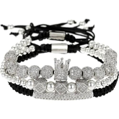 3 pieces/set charm crown rhombic crystal ball paved cz zircon connected copper beads beaded bracelet for woman elegant jewelry