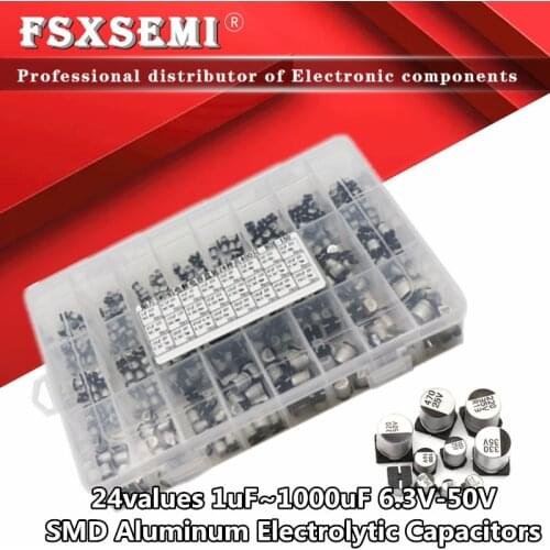 24values 400Pcs 1uF~1000uF 6.3V-50V SMD Aluminum Electrolytic Capacitors Assortment Kit + Box