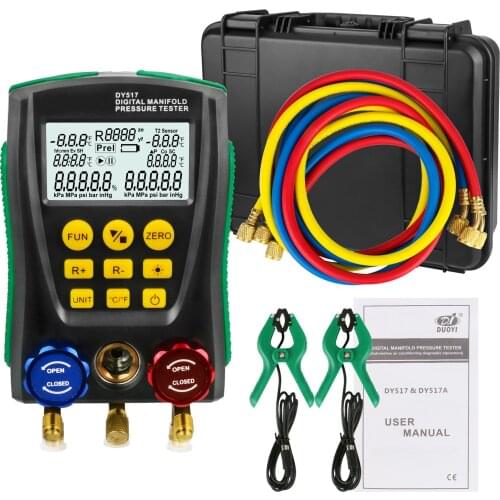 Refrigeration Digital Manifold Gauge Meter HVAC Vacuum Pressure Leakage Temperature Tester Full Kit with Test Clip and Pipe