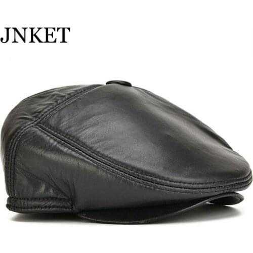 JNKET Autumn Winter Men Sheepskin Earflap Peak Cap Casual Flat Cap Beret Hat Outdoor Travel Sunhat Casquette