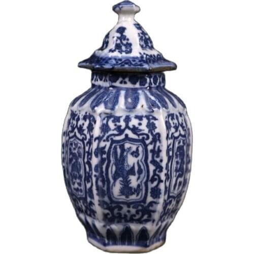 China Jingdezhen Ceramic Blue and White Dragon Pattern Hexagonal Lid Jar
