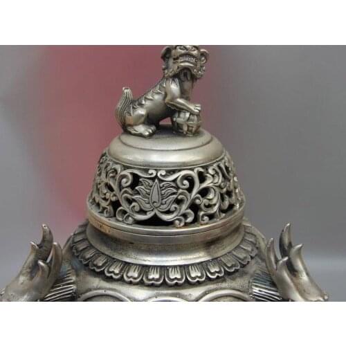 China Palace White Copper Silver Foo Dog Lion Dragon Head Incense Burner Censer