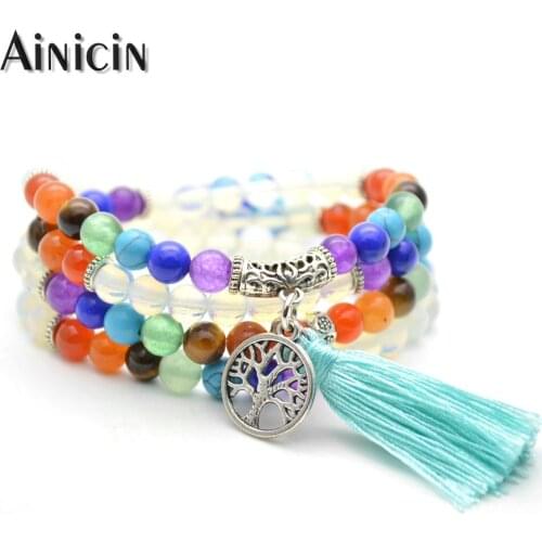 Fashion Multi-layer Bangles Sky Blue Tassel 7 Chakra Healing Balance Tree of life Bracelets For Women Summer Jewelry