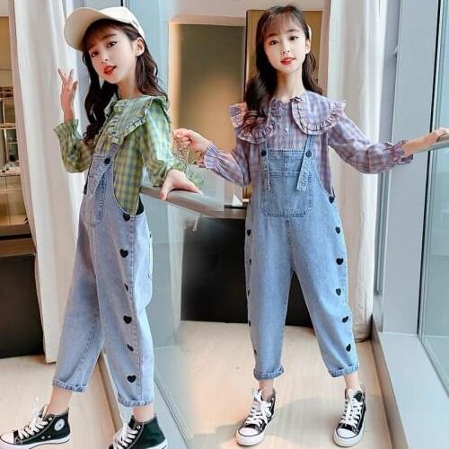 Girls fashion Suit Teenage Autumn Girls Clothes Set Long Sleeve Top & overall Pants Casual 8 9 10 11 12 Years Child Clothes