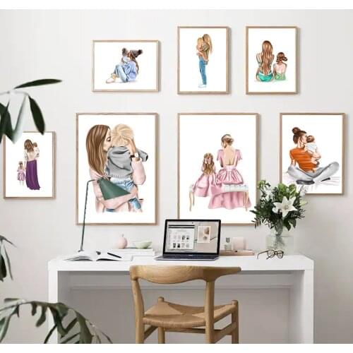 Mom Love Daughter Son Princess Prince Kiss Wall Art Canvas Painting Nordic Posters And Prints Wall Pictures Kid Child Room Decor