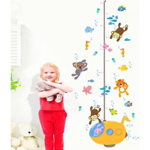 Monkey koala tiger fish diving children hight masure wall stickers for kids room decor cartoon animals growth chart wall decals