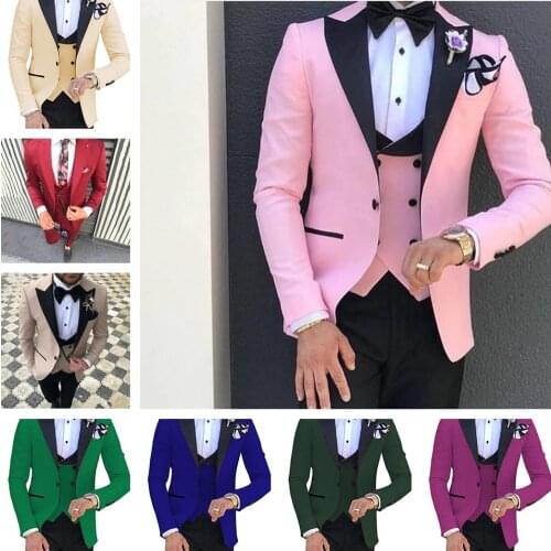 Formal Pink Groom Tuxedos Men Suits For Wedding Party Prom Blazers Shawl Lapel Groomsmen Suits Costume Homme(Jacket+Vest+pant)
