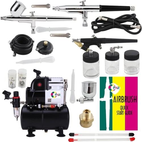 OPHIR (0.2 0.3 0.5 0.8)mm Dual Single & Dual Action Airbrush Kit with Air Tank Compressor for T-shirt Nail Art_AC116+004A+071074