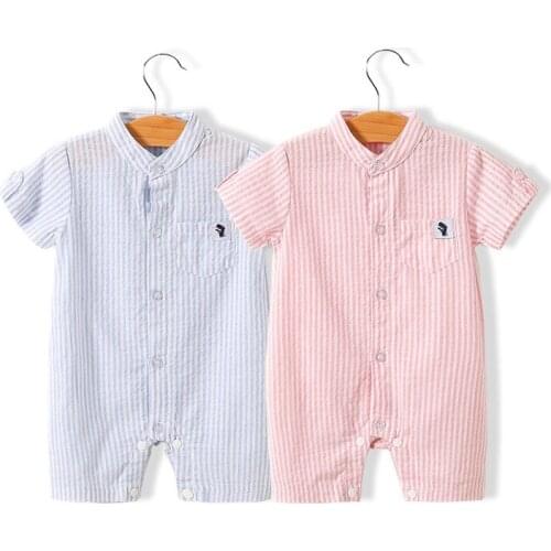 Blue Pink Striped Casual Shirt Baby Girl Boy Summer Jumpsuit Gentleman toddler clothes christmas outfit party dress kids clothes