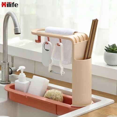Adjustable Telescopic Sink Rack Household Supplies Plastic Draining Racks Storage Basket Drainer Faucet Holder