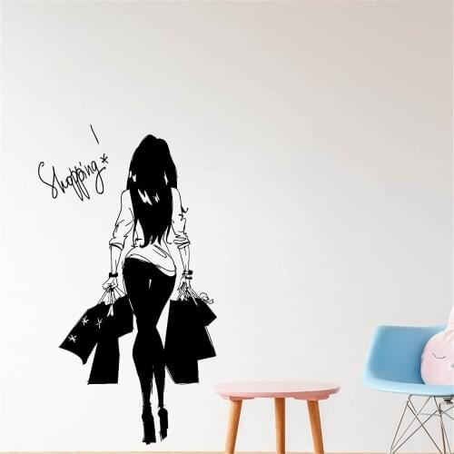 Sexy Girl Shopping Room Decoration Fashion Young Woman Shopping Bag Clothes Vinyl Shop Wall Decal Sticker Clothing Store