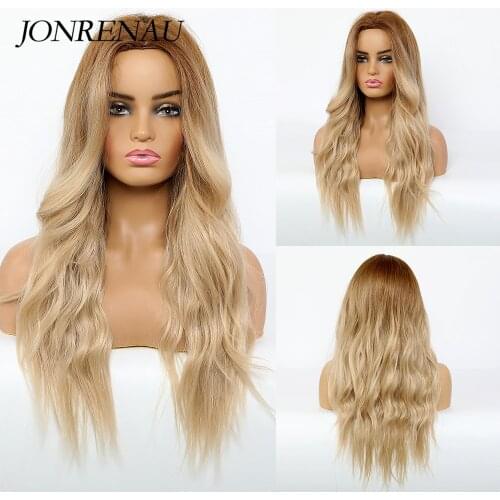 JONRENAU Synthetic Dark Root Ombre Blonde Long Wavy Center Parting Hair Cosplay Wigs Heat Resistant Hair Wigs for Black Women