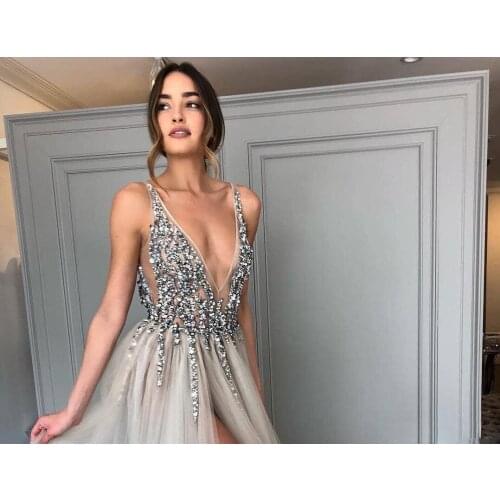 Sexy Plunging Prom Dresses High Split Tulle Luxury Beaded Crystal A Line Backless Formal Occasion Wea Evening Party Gowns wa90