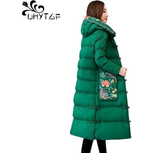 UHYTGF Womens down jacket winter coat parka women Retro embroidery parkas mujer Hooded Slim Warm long jacket 4XL plus size 441