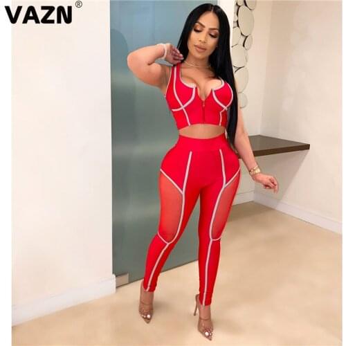 VAZN 2021 Top Quality Plus Size Young Sexy Tracksuits Skinny Solid Tank Sleeve High Waist Group Long pants Women 2 Piece Set