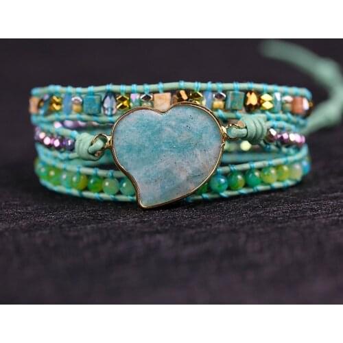 High quality Natural stone amazonite heart Charm yoga Wrap Bracelets Handmade boho style lovers jewelry drop shipping