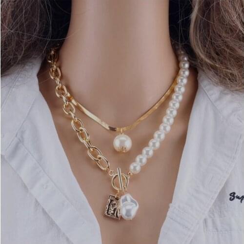 YLWHJJ Brand Fashion 2 Layers Pearls Geometric Pendants Necklaces For Women Gold Metal Snake Chain Necklace Design Jewelry