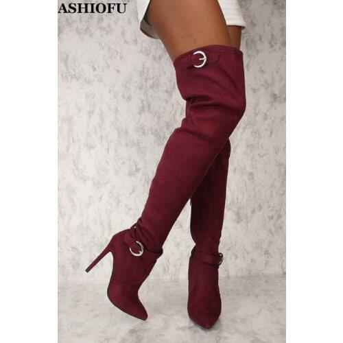 ASHIOFU Handmade New Ladies Thigh High Boots Pointed-toe Stripper Club Party Over Knee Boots Winter Fashion Long Boots Shoes