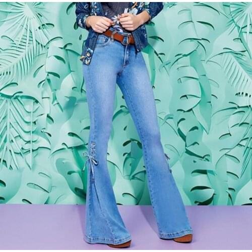 Plus Size Fashion Women Vintage Flare Jeans Lace Up Bow Skinny Wide Leg Denim Pants pantalones de mujer брюки женские 2021