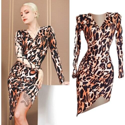 2021 Latin Dance Dress Women Leopard Print Irregular Dress Latin Practice Clothes Samba Rumba Tango Dancewear Sexy Dress VDB3489
