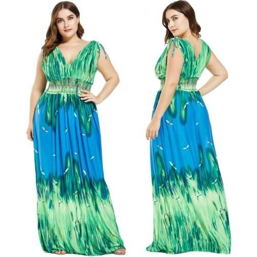 2020 Summer Dress Elegant Women Sexy Printed Holiday Beach Sleeveless V-Neck Long Maxi Dress Boho Ladies Loose Sundress XL-7XL