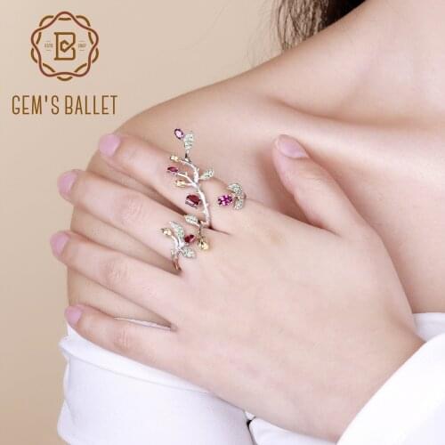 GEMS BALLET 925 Sterling Silver Adjustable Ring Natural Rhodolite Garnet Branch Flower Tree Double Finger Rings for Women Party